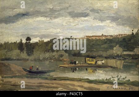 Ferry à Varenne-Saint-Hilaire - 1864 - 27x41 cm - Huile sur toile. Auteur : Camille Pissarro (1830-1903). Lieu : MUSÉE D'Orsay, France. Aussi connu sous : PAISAJE EN VARENNE ST HILAIRE-LA BARCA TRANSBORDADORA. Banque D'Images