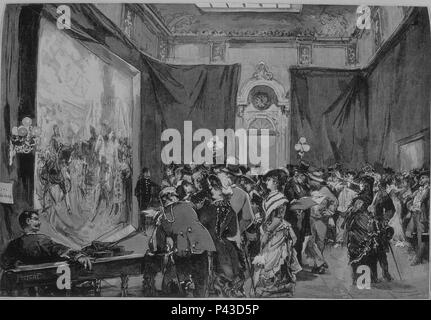 EXPOSICION EN EL SALON DE CONFÉRENCES DEL SENADO DE LA RENDICION DE GRANADA DE 15-7-1882 PRADILLA -- 'LA ILUSTRACION ESPAÑOLA Y AMERICANA'. Auteur : Alejandro Ferrant y Fischermans (1843-1917). Emplacement : BIBLIOTECA NACIONAL-COLECCION, MADRID, ESPAGNE. Banque D'Images