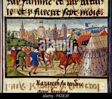 CRONICAS DE LAS CRUZADAS DE GODOFREDO DE BOUILLON-DET ESCENA CONQUISTA DE LA CIUDAD DE NAZARET(CON- 77232 MANUSCRITO SIGLO XV. Auteur : Dreux Jean (fl. 1448-1468). Emplacement : BIBLIOTECA NACIONAL-COLECCION, WIEN, Autriche. Banque D'Images