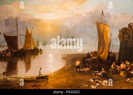 Peinture de la lever de soleil à travers la vapeur et nettoyage des pêcheurs et à la vente du poisson par JWM Turner Banque D'Images