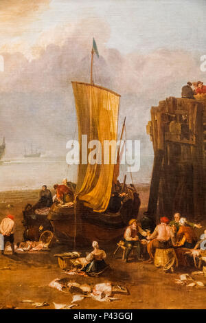 Peinture de la lever de soleil à travers la vapeur et nettoyage des pêcheurs et à la vente du poisson par JWM Turner Banque D'Images