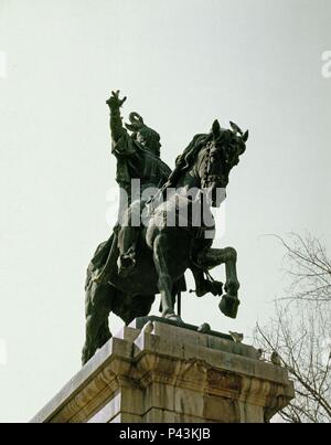 ESCULTURA ECUESTRE DE JAIME I EL CONQUISTADOR - SIGLO XIX. Auteur : Agapito Vallmitjana (1833-1905). Lieu : extérieur, VALENCE, ESPAGNE. Banque D'Images