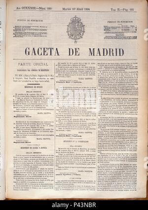 PORTADA DEL PERIODICO LA GACETA 1894. Emplacement : BIBLIOTECA NACIONAL-COLECCION, MADRID, ESPAGNE. Banque D'Images