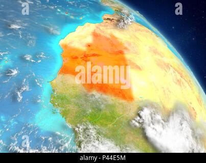 Illustration de la Mauritanie en vue de l'orbite de la Terre. 3D illustration. Éléments de cette image fournie par la NASA. Banque D'Images