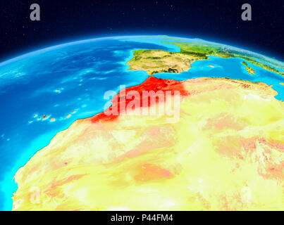 Vue Satellite du Maroc a souligné en rouge sur la planète Terre. 3D illustration. Éléments de cette image fournie par la NASA. Banque D'Images