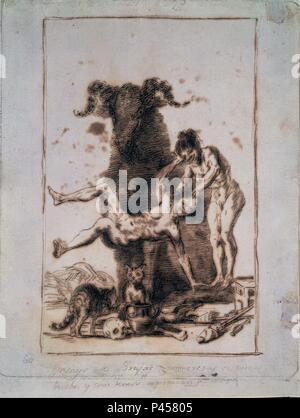 DIBUJO PREPARATORIO PARA EL CAPRICHO 60 - ENSAYO DE BRUJAS - siglo XVIII. Auteur : Francisco de Goya (1746-1828). Emplacement : Museo del Prado-DESSINS, MADRID, ESPAGNE.