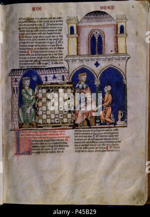 LIBRO DE JUEGOS O LIBRO DEL AJEDREZ DADOS Y TABLAS - 1283 - FOLIO 7R - DOS JUGADORES EN EL INTERIOR DE UNA CASA CON UN NOBLE CRIADO SIRVIENDO. Auteur : Alfonso X le Sage de Castille (1221-1284). Emplacement : MONASTERIO-BIBLIOTECA-COLECCION, San Lorenzo del Escorial, Madrid, Espagne. Banque D'Images