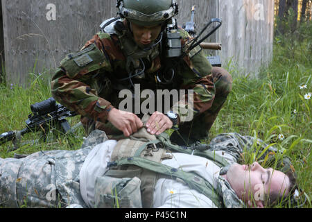 Un soldat néerlandais de la Compagnie Alpha, 11e Bataillon d'infanterie, 11ème brigade aéromobile recherche une victime simulée tout en menant des opérations aéroportées au cours de réponse rapide 16 entraînement physique à la zone d'entraînement, un Hohenfels partie du centre de formation interarmées multinationale, à Grafenwoehr, Allemagne, Jun. 15, 2016. La réaction rapide de l'exercice est l'un des premiers événements de formation en intervention de crise militaire pour les forces aéroportées dans le monde. L'exercice est conçu pour améliorer l'état de préparation de la base de combat de la Force de réaction des Etats-Unis dans le monde - en ce moment la 82e Division aéroportée, 1ère B Banque D'Images