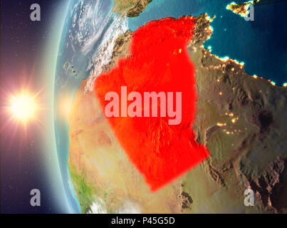 L'Algérie vue de l'espace sur la planète Terre pendant le coucher du soleil. 3D illustration. Éléments de cette image fournie par la NASA. Banque D'Images
