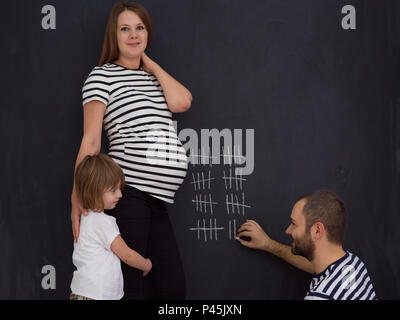 Deux jeunes femmes enceintes avec mignon comptes fille semaine de grossesse et en les écrivant à la craie sur tableau noir Banque D'Images
