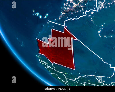 Carte de Mauritanie en rouge vu de l'espace sur la planète Terre la nuit blanche avec des filets et les lumières de la ville. 3D illustration. Les éléments de cette image f Banque D'Images