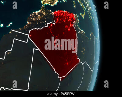 La carte de l'Algérie en rouge vu de l'espace sur la planète Terre la nuit blanche avec des filets et les lumières de la ville. 3D illustration. Éléments de cette image di Banque D'Images