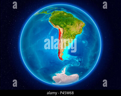 Le Chili en rouge à partir de l'orbite de la Terre. 3D illustration. Éléments de cette image fournie par la NASA. Banque D'Images