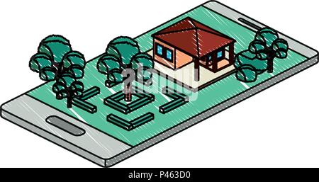 Smartphone avec camp et isométriques bâtiment Illustration de Vecteur