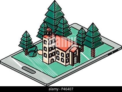 Smartphone avec camp et isométriques bâtiment Illustration de Vecteur