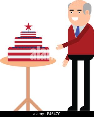 L'homme est debout près du gâteau avec les symboles des USA isolé sur fond blanc Illustration de Vecteur