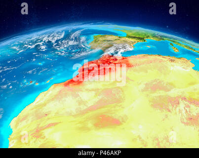 Voir l'orbite du Maroc a souligné en rouge sur la planète Terre avec des textures de surface très détaillées. 3D illustration. Éléments de cette image fournie par N Banque D'Images