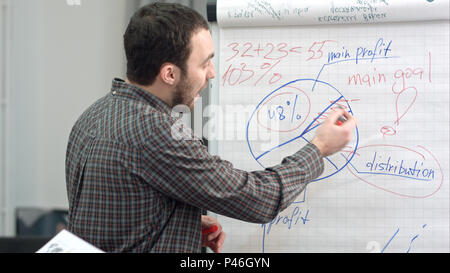 Male office worker écrit sur un tableau avec le marqueur Banque D'Images