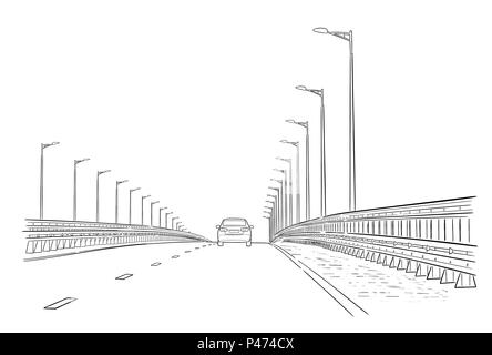 Road noir blanc art graphique de vecteur illustration croquis du paysage Illustration de Vecteur