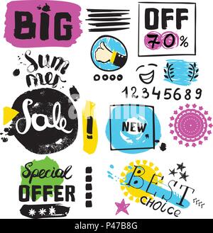 Grosse vente, offre spéciale, nouvelle offre, des chiffres fous doodles. Dessin à la main des formes différentes. Style Doodle balais. Ensemble de croquis dessinés à la main, Illustration de Vecteur