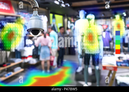 Heatmap dans smart analyse fashion boutique concept technologique. L'intelligence artificielle de cctv caméra de sécurité avec l'application de détection de chaleur vérifiez sh Banque D'Images