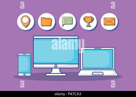 Ordinateur portable avec les icônes de marketing numérique autour sur fond violet, design coloré. vector illustration Illustration de Vecteur