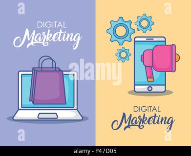 Digital marketing design avec ordinateur portable et téléphone cellulaire avec des icônes sur fond coloré, vector illustration Illustration de Vecteur