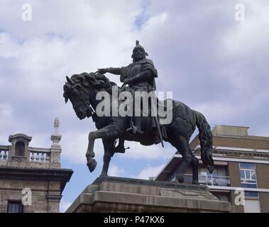 ESCULTURA ECUESTRE DE JAIME I EL CONQUISTADOR - SIGLO XIX. Auteur : Agapito Vallmitjana (1833-1905). Lieu : extérieur, VALENCE, ESPAGNE. Banque D'Images