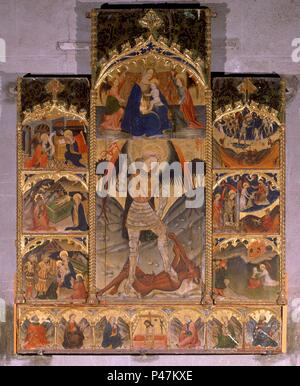 Retable DE SAN MIGUEL - SIGLO XIV. Auteur : Bernardo Serra (fl. 1423-1456). Emplacement : L'ERMITAGE DE SAN MIGUEL, VILLAFRANCA DEL CID, Castellón, Espagne. Banque D'Images