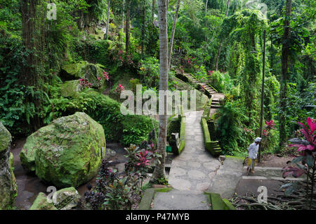 Rock avec pont, monak et semi-reliefs sur un chemin menant à la Grotte des éléphants de Goa Gajah, Ubud, Bali, Indonésie, Asie du sud-est Banque D'Images