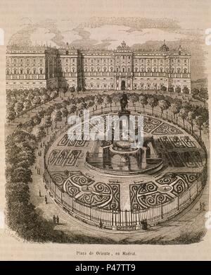 Gravure-PLAZA DE ORIENTE EN 1820. Emplacement : l'extérieur, l'Espagne. Banque D'Images