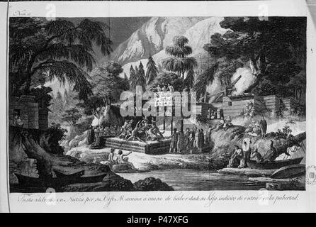 VIAJE AL ATLAS DE DÉTROIT JUAN DE FUCA - 1792 - FIESTA CELEBRADA EN MACUINA NUTKA POR UNE CAUSA DE HABER DADO SU HIJA INDICIOS DE ENTRAR EN LA PUBERTAD. Auteur : José Cardero (1766-1811). Emplacement : BIBLIOTECA NACIONAL-COLECCION, MADRID, ESPAGNE. Banque D'Images