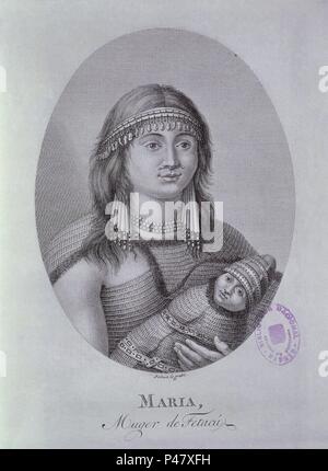 VIAJE AL ESTRECHO DE JUAN DE FUCA - RELACION del Viaje hecho por las Goletas SUTIL Y MEXICANA EN 1792 - RETRATO DE MARIA MUJER DE TETACU. Auteur : Fernando Selma (1752-1810). Emplacement : BIBLIOTECA NACIONAL-COLECCION, MADRID, ESPAGNE. Banque D'Images