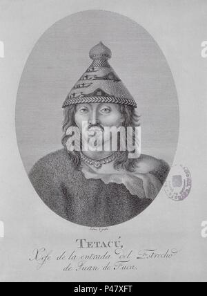 VIAJE AL ESTRECHO DE JUAN DE FUCA - RELACION del Viaje hecho por las Goletas SUTIL Y MEXICANA EN 1792 - RETRATO DEL JEFE TETACU. Auteur : Fernando Selma (1752-1810). Emplacement : BIBLIOTECA NACIONAL-COLECCION, MADRID, ESPAGNE. Banque D'Images