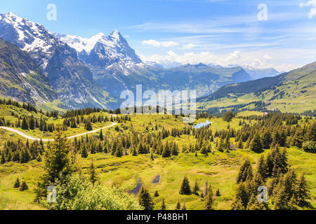 Panorama d'un paysage magnifique à partir de la Grosse Scheidegg vers Grindelwald, Oberland Bernois, Suisse, avec vue montagnes Wetterhorn et Streckhorn Banque D'Images