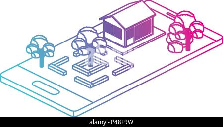 Smartphone avec camp et isométriques bâtiment Illustration de Vecteur