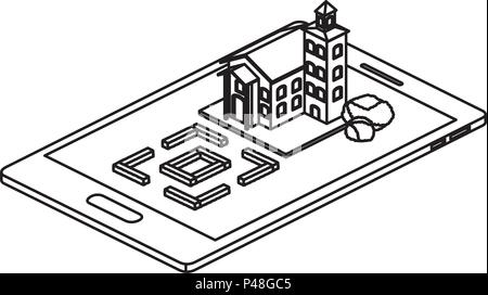 Smartphone avec camp et isométriques bâtiment Illustration de Vecteur