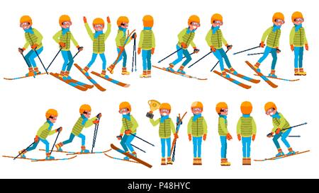 Ski alpin homme vecteur. Dans l'action. L'homme sur des skis. Sport d'hiver. Combinaison de ski. Personnage de l'illustration Illustration de Vecteur