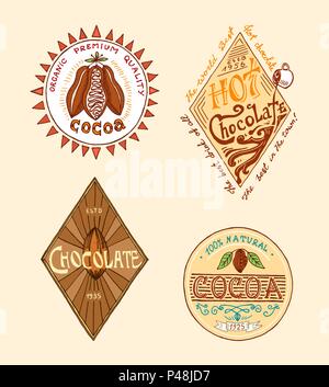 Le cacao et chocolat chaud. logos vintage moderne insignes pour la boutique menu. Vector illustration style de calligraphie. Pour les profilés, les étiquettes gravées à la main. dans de vieux croquis. Illustration de Vecteur