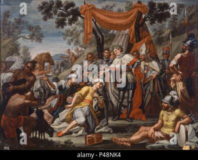 SAN FERNANDO Y EL ARZOBISPO DON RODRIGO JIMÉNEZ DE RADA EN SIERRA MORENA CON LOS EMBAJADORES DE MAHOMAT. Auteur : LORENZO Quiros (1717-1789). Lieu : ACADÉMIE DE SAN FERNANDO-PINTURA, MADRID, ESPAGNE. Banque D'Images