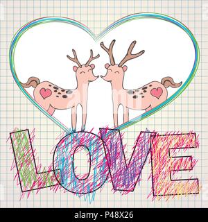 Le mot amour painted children's crayon style,couple de deer in heart,vector illustration Illustration de Vecteur