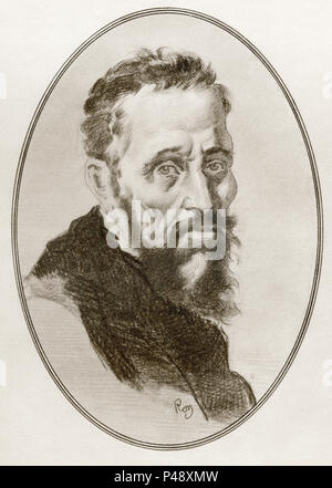 Michelangelo DI LODOVICO BUONARROTI SIMONI, aka Michelangelo. 1475 - 1564. Le sculpteur, peintre, architecte et poète. Illustration par Gordon Ross, artiste et illustrateur américain (1873-1946), de vivre des biographies de grands peintres. Banque D'Images