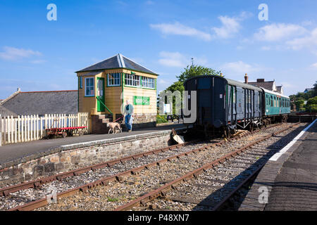 Un homme et ses deux chiens marchant à travers la gare non opérationnel à Bideford le long d'une partie de la Tarka Trail pour les marcheurs et les cyclistes Banque D'Images