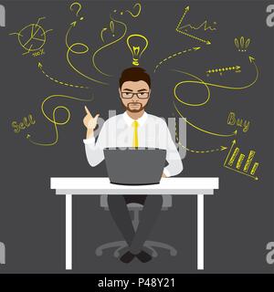 Homme d'affaires ou employée de bureau assis à l'ordinateur,finance idée concept avec signes doodle,vector illustration Illustration de Vecteur