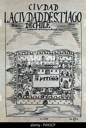 Codex péruvien. 'Nueva Cronica y Buen Gobierno'. La ville de Santiago de Chili. Madrid, bibliothèque nationale. Auteur : Felipe Guamán Poma de Ayala (ch. 1535-c. 1617). Emplacement : BIBLIOTECA NACIONAL-COLECCION, MADRID, ESPAGNE. Banque D'Images