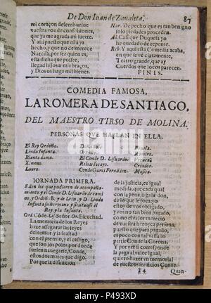 LA ROMERA DE SANTIAGO - COMEDIA DEL SIGLO XVII. Auteur : TIRSO DE MOLINA / GABRIEL TELLEZ. Emplacement : BIBLIOTECA NACIONAL-COLECCION, MADRID, ESPAGNE. Banque D'Images