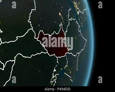 La carte du Soudan du Sud en rouge vu de l'espace sur la planète Terre la nuit blanche avec des filets et les lumières de la ville. 3D illustration. Éléments de cette image Banque D'Images