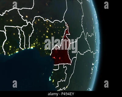 Carte du Cameroun en rouge vu de l'espace sur la planète Terre la nuit blanche avec des filets et les lumières de la ville. 3D illustration. Éléments de cette fourrure d'image Banque D'Images