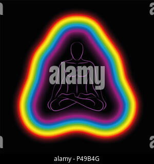 L'homme en position de yoga méditation avec aura coloré ou corps subtil - illustration sur fond noir. Banque D'Images