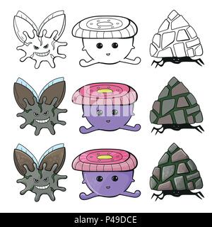 Cute cartoon jeu monster collection. Hand drawn ligne noire et couleur character design. Vector illustration sur fond blanc. Illustration de Vecteur